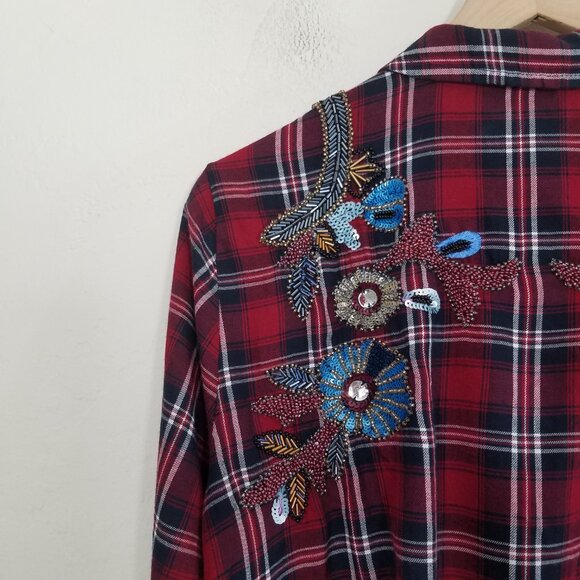 Zara Embellished Button Down Plaid Shirt Top Red Size L - Picture 8 of 10